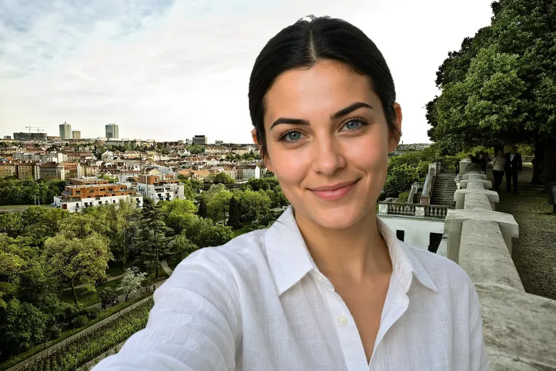 I am in a white shirt beside the stone balustrade in Grébovka, with the vineyard, trees and Prague behind me.