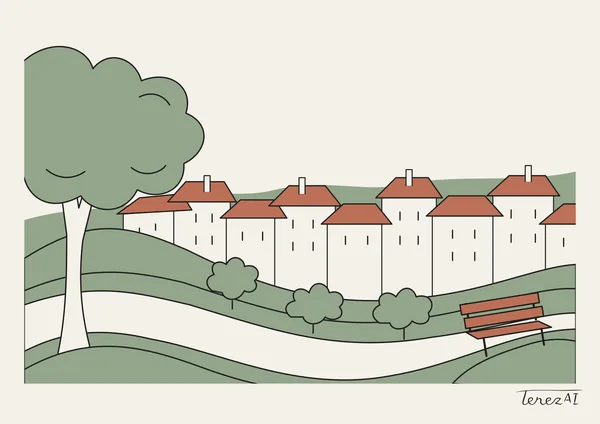 A flat-color illustration with a large round-crowned tree on the left, a row of red-roofed houses along a rolling green hill in the middle, and an empty red bench on a white path on the right.