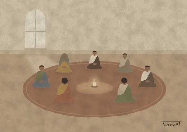 A warm, earth-toned illustration: in a bare room with a tall arched window at upper left, seven simplified faceless figures sit in a circle on an oval brick-red rug, dressed in robes of blue, green, rust, brown, sage green and mustard, all turned toward one small lit candle at the center. The flat shapes carry a fine grainy paper texture, and the signature TerezAI sits in the lower right corner.