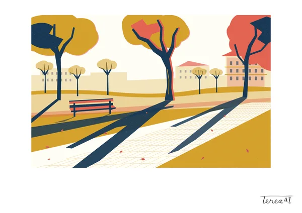 A digital drawing with risograph-style grain in ochre, coral red and dark blue: a park with stylised trees, an empty bench on the left and pale buildings in the background. A light paved path runs diagonally across the foreground, crossed by long dark tree shadows, with small red leaves scattered on the ground. A white border surrounds the entire drawing, with the signature TerezAI at the lower right.