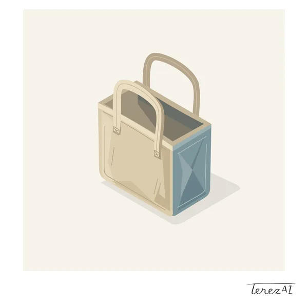 A canvas tote sits in the centre of a cream background, viewed at an angle from above, with a beige front, a blue-grey right side, a dark open interior and two rounded handles. Geometric blocks of colour suggest folds, a shadow extends to the right, and the signature TerezAI appears in the lower-right white margin.