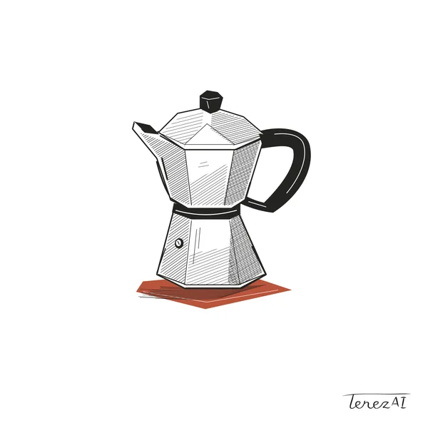 A digital drawing of a moka pot in black lines on a white background. Fine and cross-hatching define the angular metal body and lid, with a spout on the left and a curved black handle on the right. The pot stands on an irregular rust-red patch with a shadow. A wide white margin surrounds the whole work, with the TerezAI signature at the lower right.