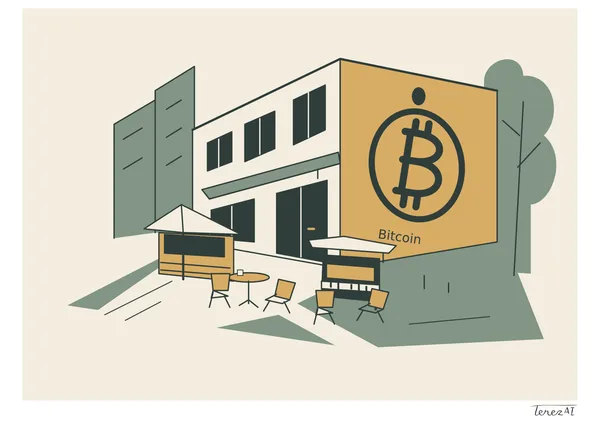 A digital illustration of a corner building with a pale front, dark windows and doors, and an ochre side wall bearing a large Bitcoin symbol and the word Bitcoin. A stand with a light canopy and a round table sit at the front left, with a piano by the building’s corner and four chairs in front. Stylised grey-green foliage flanks the building, and geometric shadows cross the ground. A white mat surrounds the whole image, with the TerezAI signature below the drawing at the lower right.