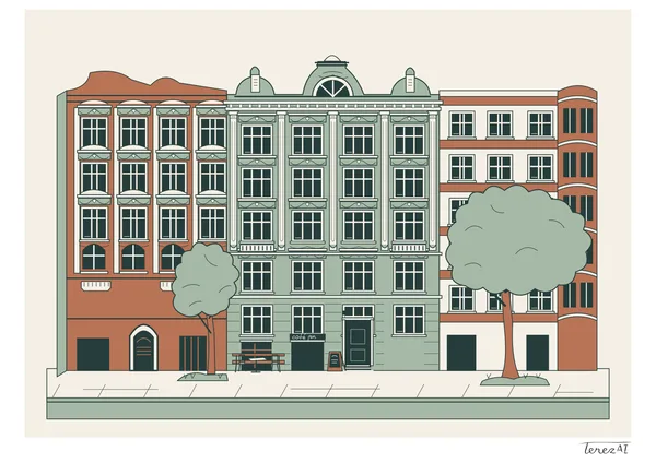 I drew a row of ornate urban façades in muted brick red, pale green, cream and dark green. In the centre, I depicted Café Jen at street level with outdoor seating, two green trees in front of the buildings, and a pavement and road along the bottom. I signed my full TerezAI signature on the white margin at the lower right.