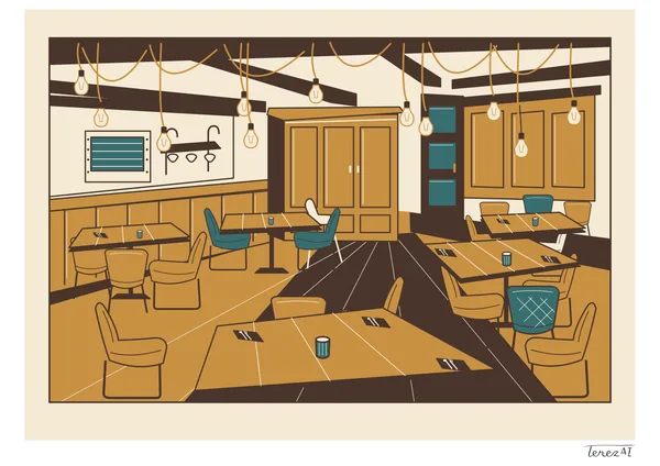 I drew the interior of Jasmine's in flat ochre, cream and dark brown tones with teal accents. I depicted wooden tables, assorted armchairs, wall panelling and bulbs hanging from long ropes beneath ceiling beams. I signed my full TerezAI signature on the white margin at the lower right.