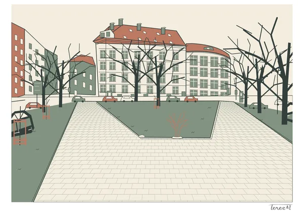 I drew Danner Park with wide pale paved paths, green lawns and bare trees. Behind them, I depicted parked cars and a row of buildings with brick-red roofs; I signed TerezAI on the white margin at the lower right.