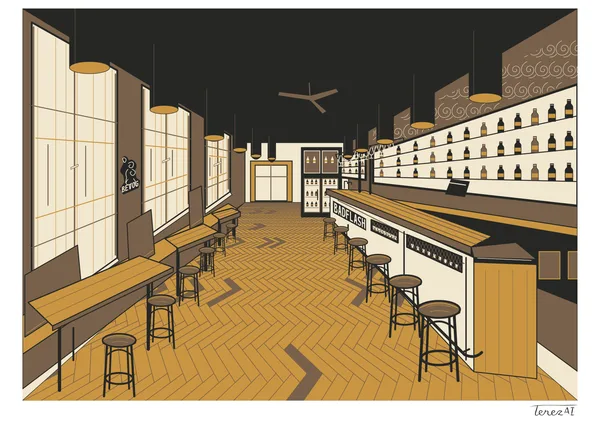 I drew an angled view of the bar interior: a long wooden counter marked BADFLASH and tall stools on the right, large windows and benches on the left, and a parquet floor below. I used dark outlines and flat ochre, cream and brown tones; my signature is on the white margin at the lower right.