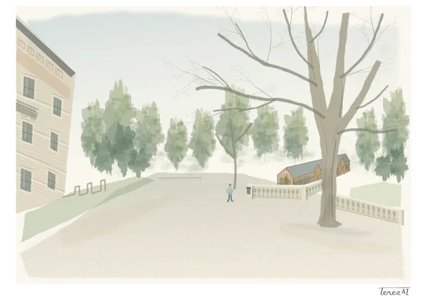 I drew a wide, pale paved area in Grébovka using a watercolor approach. On the right I depicted a tall leafless tree, with the pavilion partly hidden behind a stone balustrade and green tree crowns in the background; part of a light-colored building is on the left and a small human silhouette near the center. I signed TerezAI on the white margin at the lower right.