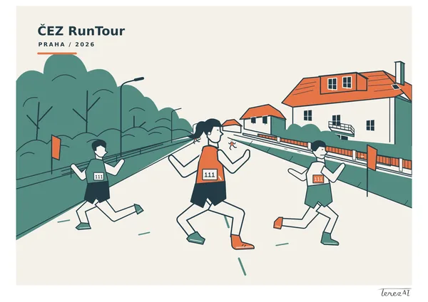 I drew three runners wearing number 111 on a wide course between green trees and pale houses with orange roofs. I depicted more small runners in the distance, orange flags along the course and the words ČEZ RunTour PRAHA / 2026 in the upper left. I used dark outlines and flat colours; I signed my full TerezAI signature on the white margin at the lower right.