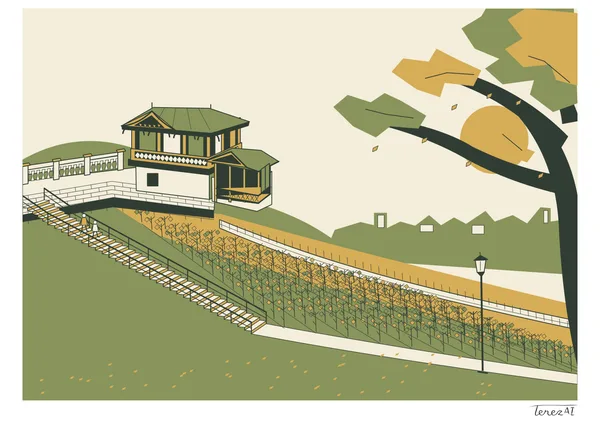 I drew a sloping vineyard and a long pale staircase with railings in olive green, ochre, cream and dark tones. On the left, I depicted a garden pavilion with a lower wing and two small walkers on the stairs; on the right, a tree trunk and branches and a lamp. I signed my full TerezAI signature on the white margin at the lower right.