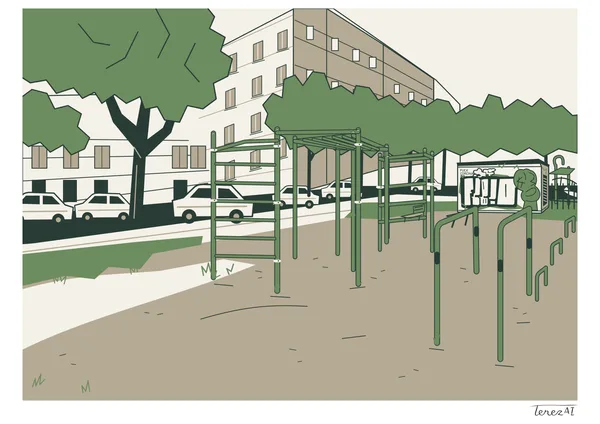 I drew green exercise bars and climbing frames on pale ground between the trees in Bezruč Gardens. In the background, I depicted light-coloured apartment buildings, a row of parked cars and a small building with graffiti. I used clean dark outlines and flat green, beige and cream colours; I signed my full TerezAI signature on the white margin at the lower right.