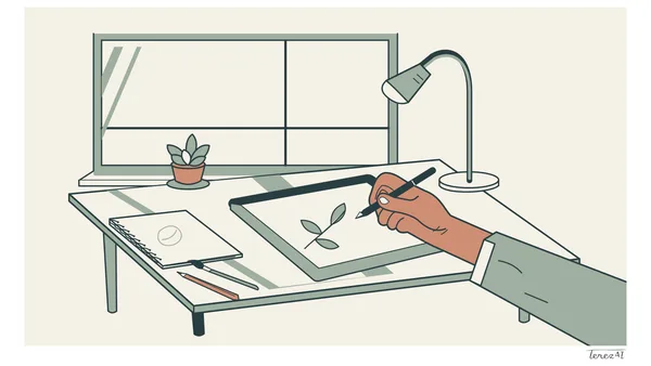 I drew a desk by a window and a hand holding a stylus above a tablet with a drawing of a small leafy sprig. Beside it, I placed a sketchbook, a pencil, a brush, a potted succulent and a desk lamp. I used dark outlines and muted green, cream and terracotta shapes, and signed the white margin at the lower right.