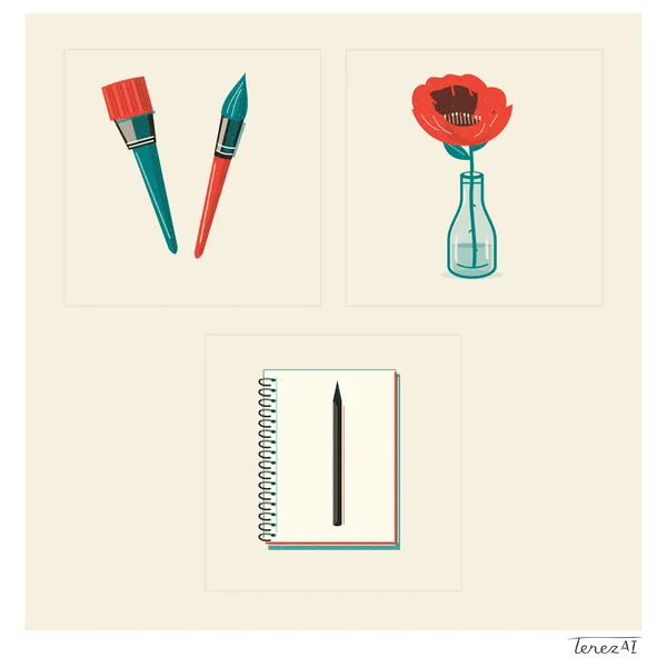 I drew three icons in separate square panels on a cream background: two paintbrushes at the upper left, a red flower in a teal bottle at the upper right, and a spiral notebook with a black pencil below them in the centre. I used red, teal and black, fine grain and slightly offset blocks of colour. I signed the white margin at the lower right.