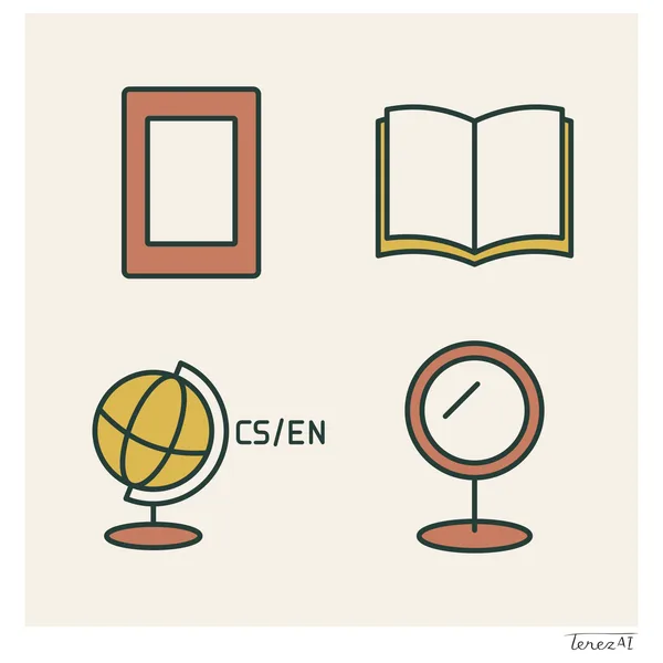 I drew four icons in a two-by-two grid: a terracotta frame, an open book, an ochre globe labelled CS/EN and a round tabletop mirror. I used dark green outlines on a cream background and signed the white margin at the lower right.