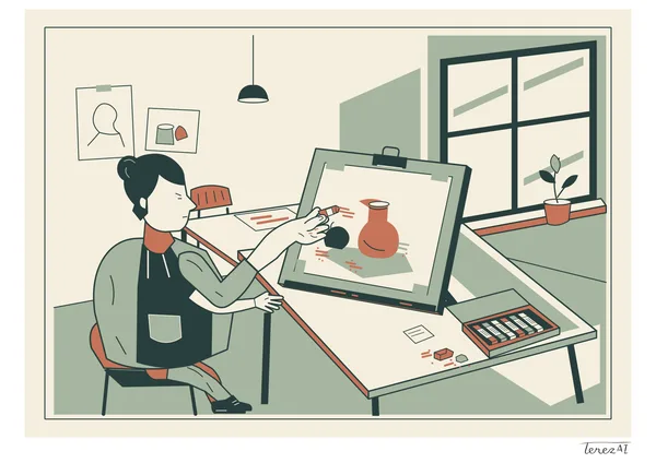 I drew myself at a tilted drawing board with a still life of a terracotta vase and a dark round shape. On the table, I included an open box of pastels and smudges of colour, with a large window and a plant behind it. I used dark green outlines and flat cream, green and terracotta colours, and signed the white margin at the lower right.