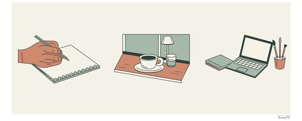 I drew three scenes side by side: a hand holding a pencil over a spiral sketchbook, a cup on a saucer and a glass of water by a window, and an open laptop beside a closed sketchbook and a pot of brushes. I used dark outlines and muted green, terracotta and cream shapes, and signed the white margin at the lower right.