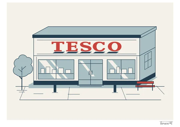 I drew a Tesco store with a red sign, two display windows and a glass entrance in the centre. I added a tree on the left and a red bench on the right. I used dark outlines and flat cream, blue-grey and red colours, and signed the white margin at the lower right.