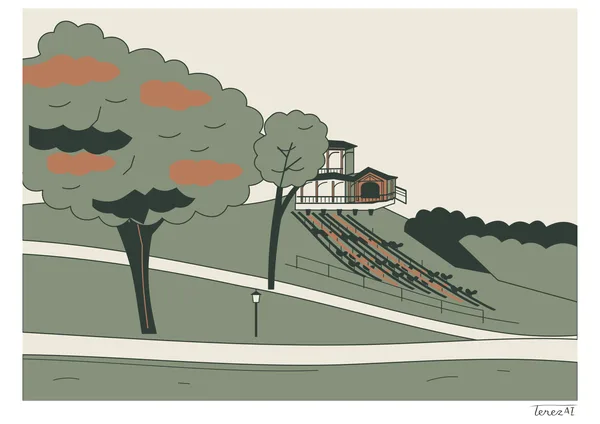 I drew a slope in Grébovka with a large tree on the left, pale paths and a vineyard below a pavilion at the upper right. I added muted orange patches to the grey-green tree crowns and a small lamp between the paths. I used dark green outlines and flat colours, and signed the white margin at the lower right.