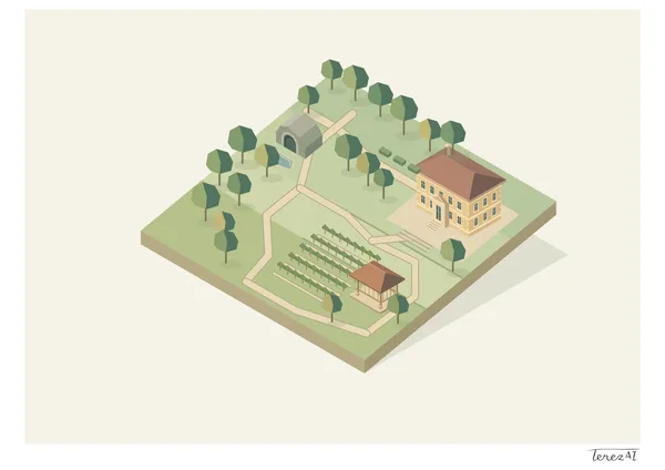 I drew Grébovka from an angle above as a small geometric model of the park. Among green trees and pale paths, I placed a villa with a terracotta roof, a grotto, rows of vines and a roofed pavilion. I used muted green, beige and terracotta, and signed the white margin at the lower right.
