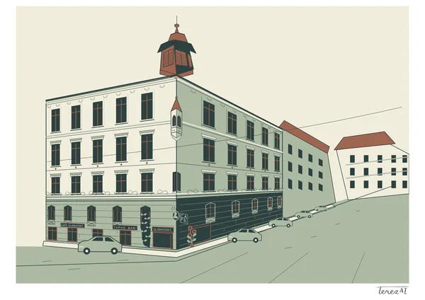 I drew a pale corner building with Café Sladkovský on the ground floor, dark green windows and a terracotta rooftop tower. On the right, I depicted a street climbing past parked cars. I used fine dark outlines and flat cream, sage green and terracotta colours, and signed the white margin at the lower right.