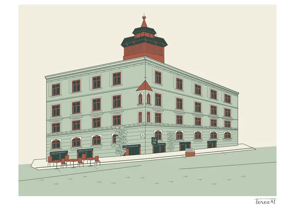 I drew the pale green corner building of Café Sladkovský with dark green roofs on its tower and brick-red window frames. In front of the façade, I depicted outdoor tables and chairs, with the street running diagonally across the bottom. I used clean dark outlines and muted flat colours, and signed the white margin at the lower right.
