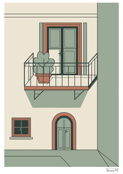 I drew a cream building facade with a balcony, grey-green doors and a plant in a terracotta pot behind dark railings. Below, I depicted a small window and an arched entrance, with a grey-green side wall on the right. I used clean dark outlines and muted flat colours, and signed the white margin at the lower right.