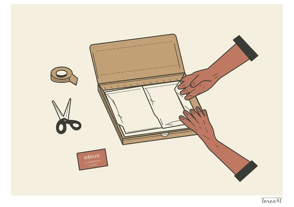 I drew an open brown box with pale paper and two hands reaching in from the right to fold it. On the left, I placed a roll of tape, black scissors and a coral card reading DĚKUJI za objednávku (thank you for your order). I used dark outlines and flat colours on a pale cream background, and signed the white margin at the lower right.