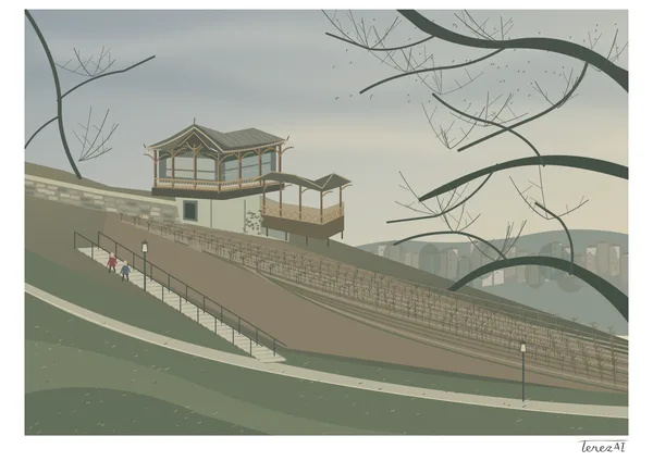 I drew the Grébovka hillside with a wooden pavilion, stairs with two small figures and rows of grapevines. I framed the muted grey-green and beige composition with thick dark bare branches, with city buildings in the background. I signed TerezAI on the white margin at the lower right.