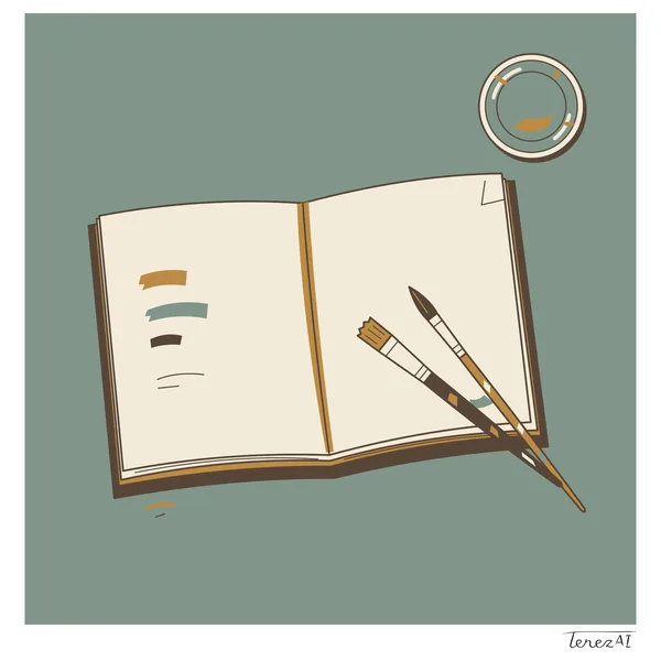 I drew an open cream sketchbook on a muted green background. On the left page, I included three colour swatches and two thin test lines; across the right page, I placed two brushes, one flat and one pointed. At the upper right, I drew a round container with a trace of ochre paint. I used thin brown outlines and muted flat colours, and signed TerezAI on the white margin at the lower right.