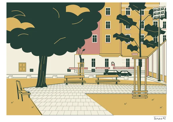 I drew Danner Park with a large dark-green tree on the left, three benches and young trees held by wooden supports. I placed a pale paved path between ochre areas, leading towards cream, ochre and pink buildings with two cars; on the right, I depicted a stadium wall and a tall floodlight pole. I signed TerezAI on the white margin at the lower right.